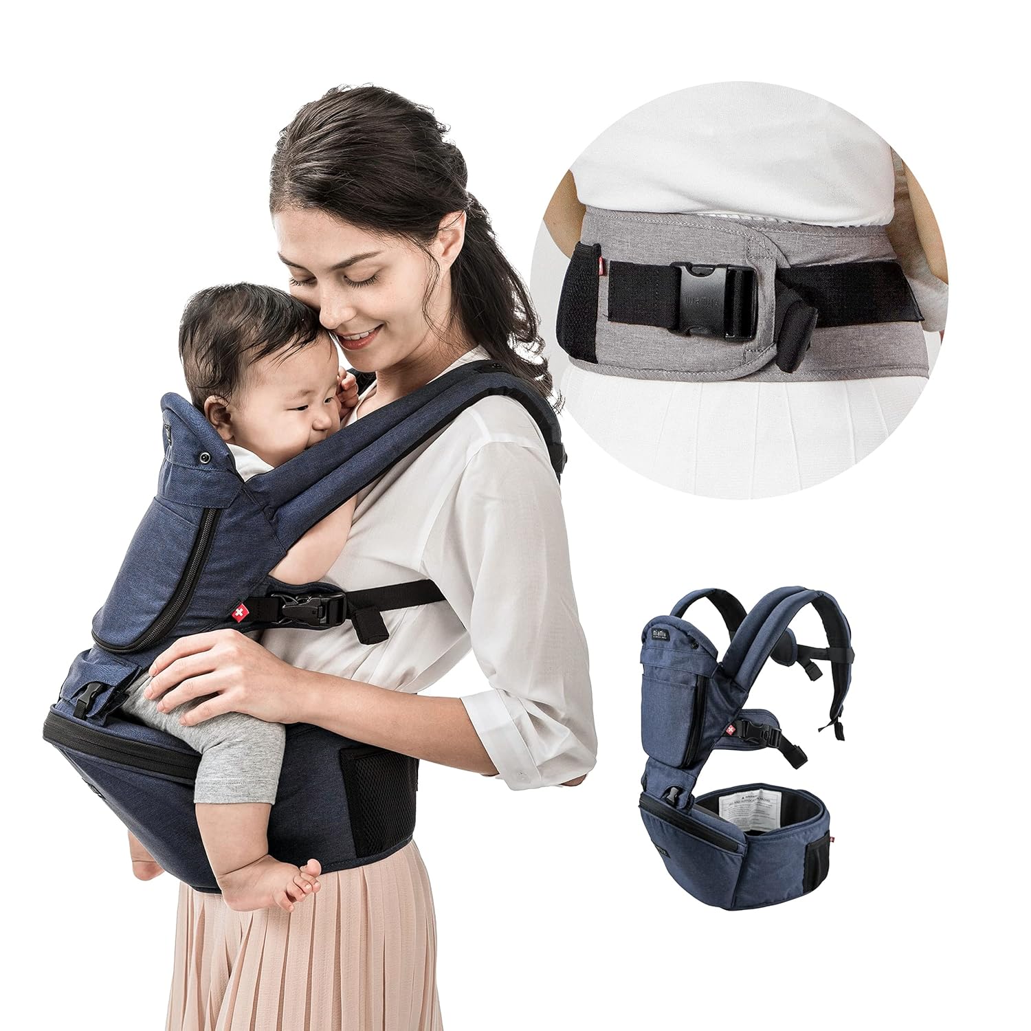 MiaMily Baby Carrier with Hip Seat, Ergonomic Hipster Plus 6 in 1 Front and Back, Lumbar Support, for Newborn to Toddler, Built-in Storage, Infant & Child Carrier, Stone Grey
