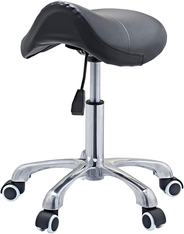 CHAOEEMY Professional Ergonomic Saddle Stool Rolling Chair PU Leather Comfortable Saddle Chair Swivel Salon Cutting Stool for Kitchen, Salon, Spa, Tattoo, Pedicure, Massage Black