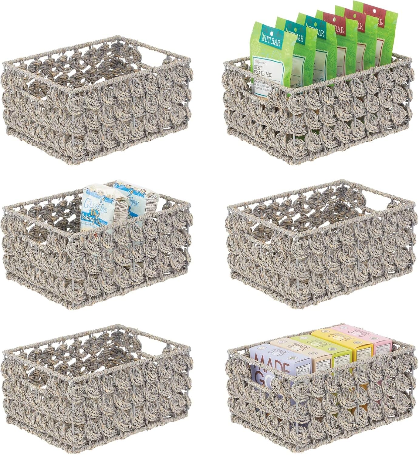 mDesign Woven Seagrass Kitchen Cabinet Pantry Storage Organizer Basket Bin with Handles - Store Fruit, Snacks, Cereal, Oil and Vinegar, Baking Supplies, Pastas, Packets, 6 Pack - Gray Wash Pack of 2