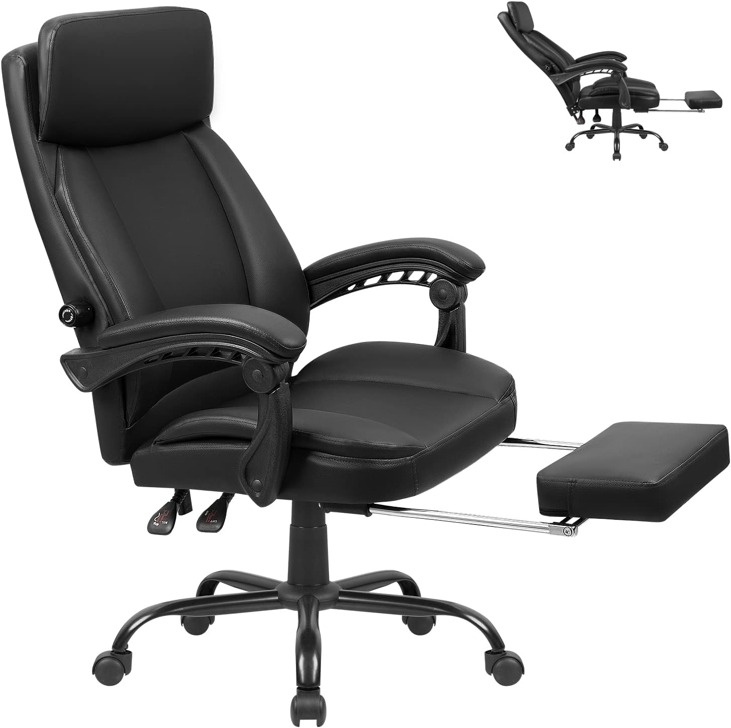 Furmax High Back Executive Office Chair PU Leather Reclining Office Chair Ergonomic Desk Chair with Footrest, Adjustable Back and Lumbar Support, Swivel Computer Chair with Padded Arms (Black)