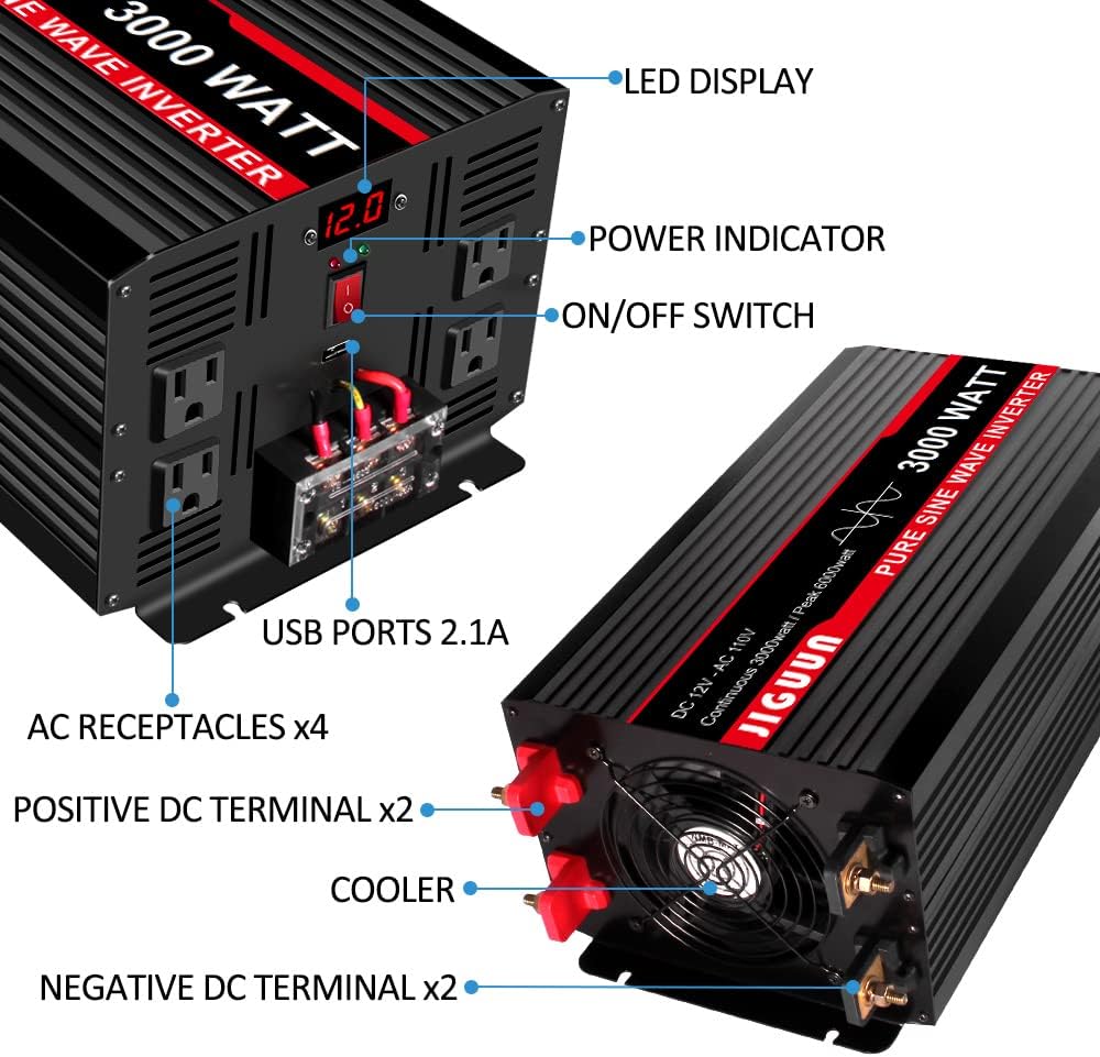 JIGUUN 3000 Watt/6000 Watt Pure Sine Wave Inverter, Power Converter 12V DC to 110v/120v AC, Car Inverter with 4 AC Outlets&USB Port 170ft Wireless Remote Control for RV CPAP Camping (3000-12v)