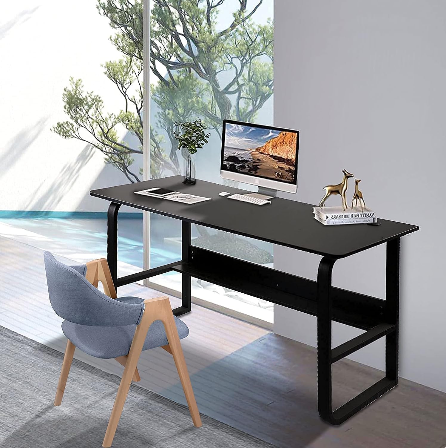 MASAKA B&W - Computer Desk Home Office Desk Personal Work Station Desktop Cable Accessory Book Shelf Design Reading Writing Studying 55'' - Black