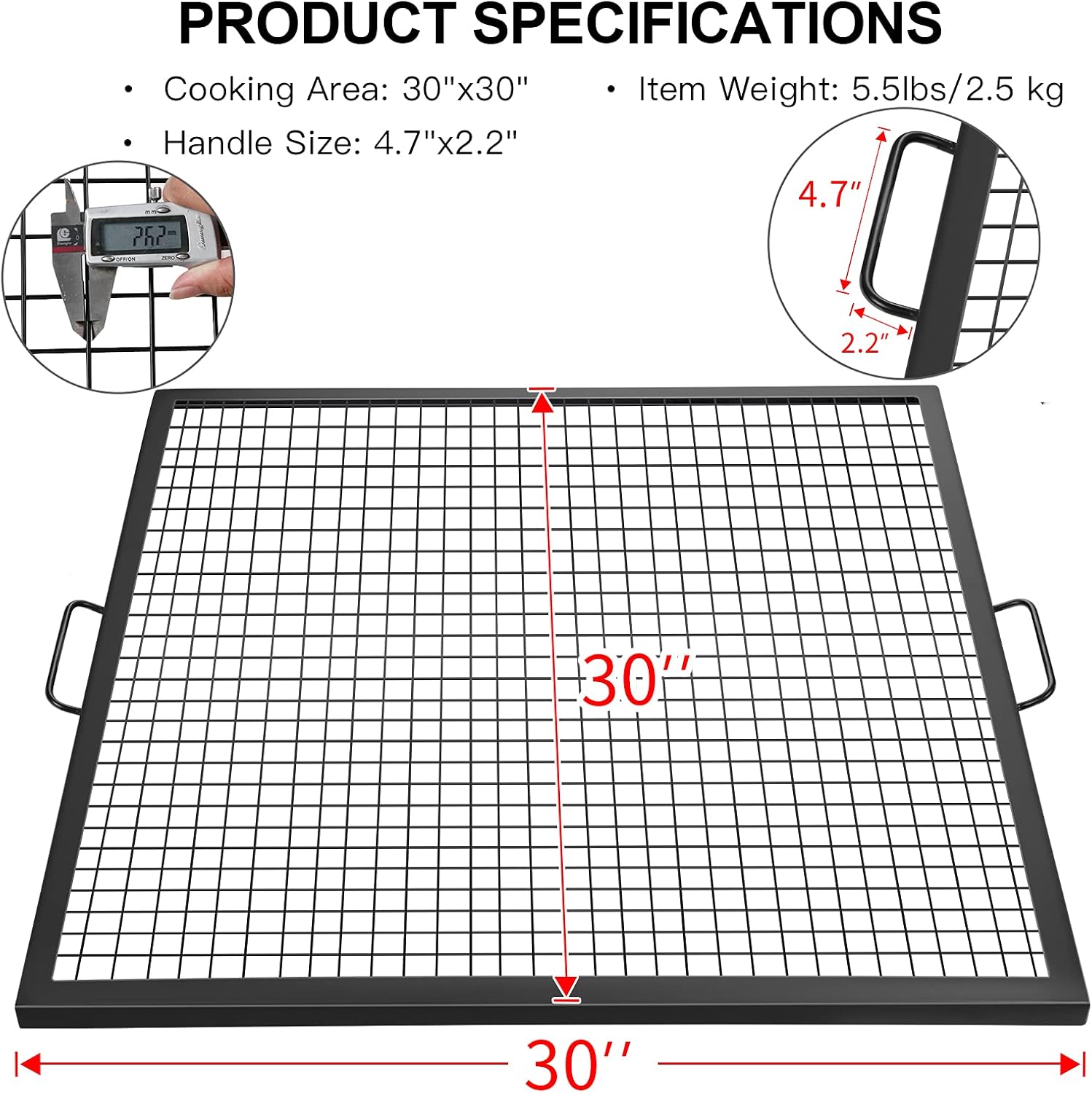Square Fire Pit Cooking Grill Grate,30&times;30inch Outdoor Campfire BBQ Rack, Campfire Grill Grate Portable, Cookware Heavy-Duty Steel Construction with Handles for Hiking Traveling Picnic