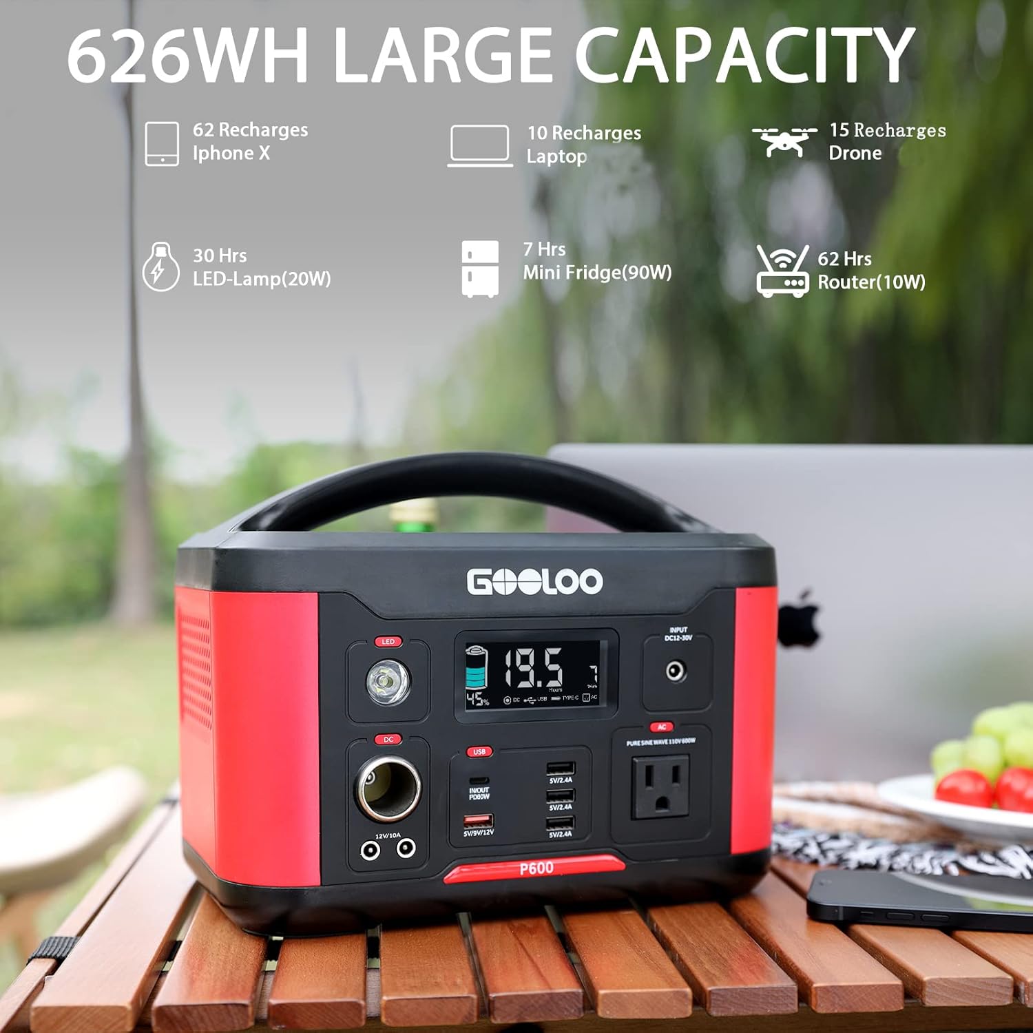 GOOLOO Portable Power Station P600, 626Wh Outdoor Generator with 110V/600W (Peak 1200W) AC Outlets & LED Flashlight, SuperSafe Backup Lithium Battery for Outdoor RV/Van Camping, Emergency
