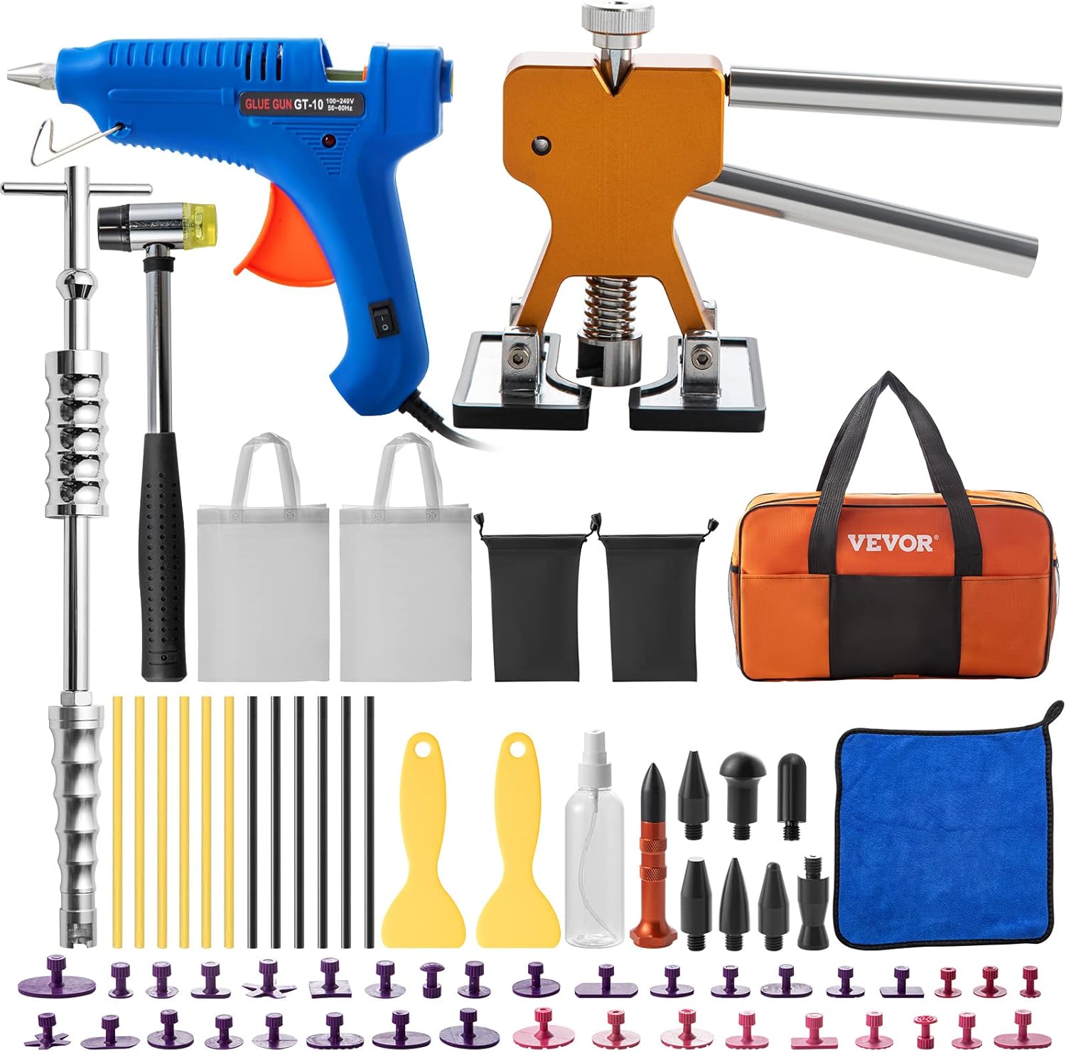 VEVOR Dent Removal Tool, 69 Pcs Paintless Dent Repair Tools, Golden Lifter Car Dent Repair Kit, Glue Puller Tabs Dent Puller Kit for Auto Dent Removal, Minor Dents, Door Dings and Hail Damage Pack of 2