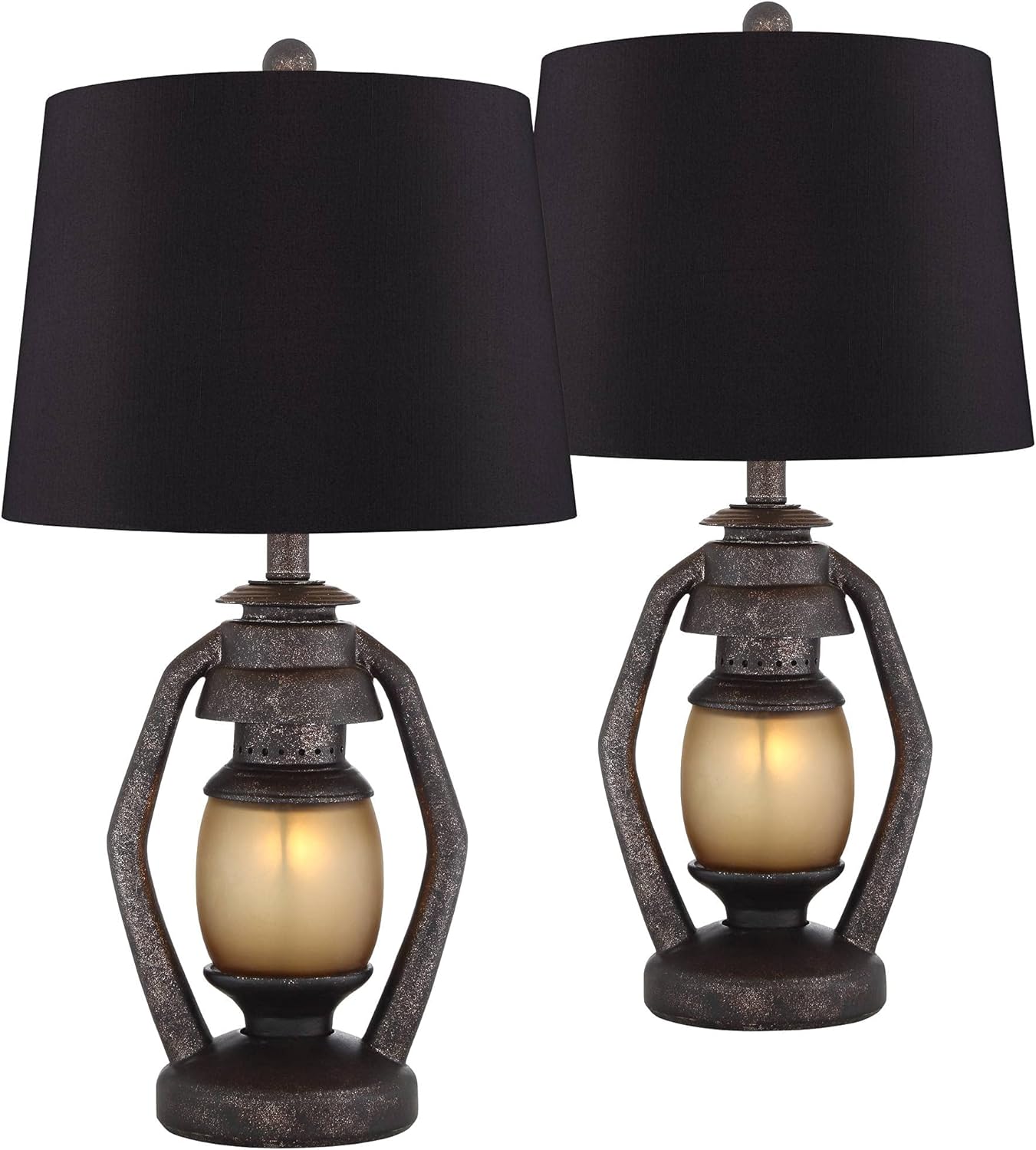 Horace Rustic Farmhouse Table Lamps Set of 2 with Nightlight Miner Lantern Brown Oatmeal Tapered Drum Shade for Living Room Bedroom House Bedside Nightstand Home Office Family - Franklin Iron Works