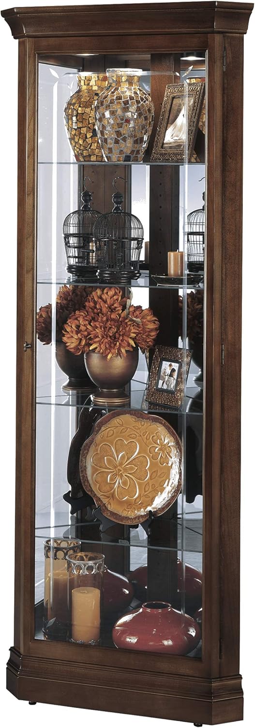 Howard Miller Jennings Corner Curio Cabinet 680-346 &ndash; Cherry Bordeaux Finish, Vertical Home Decor, Four Glass Shelves, Five Level Display Case, No Reach Light