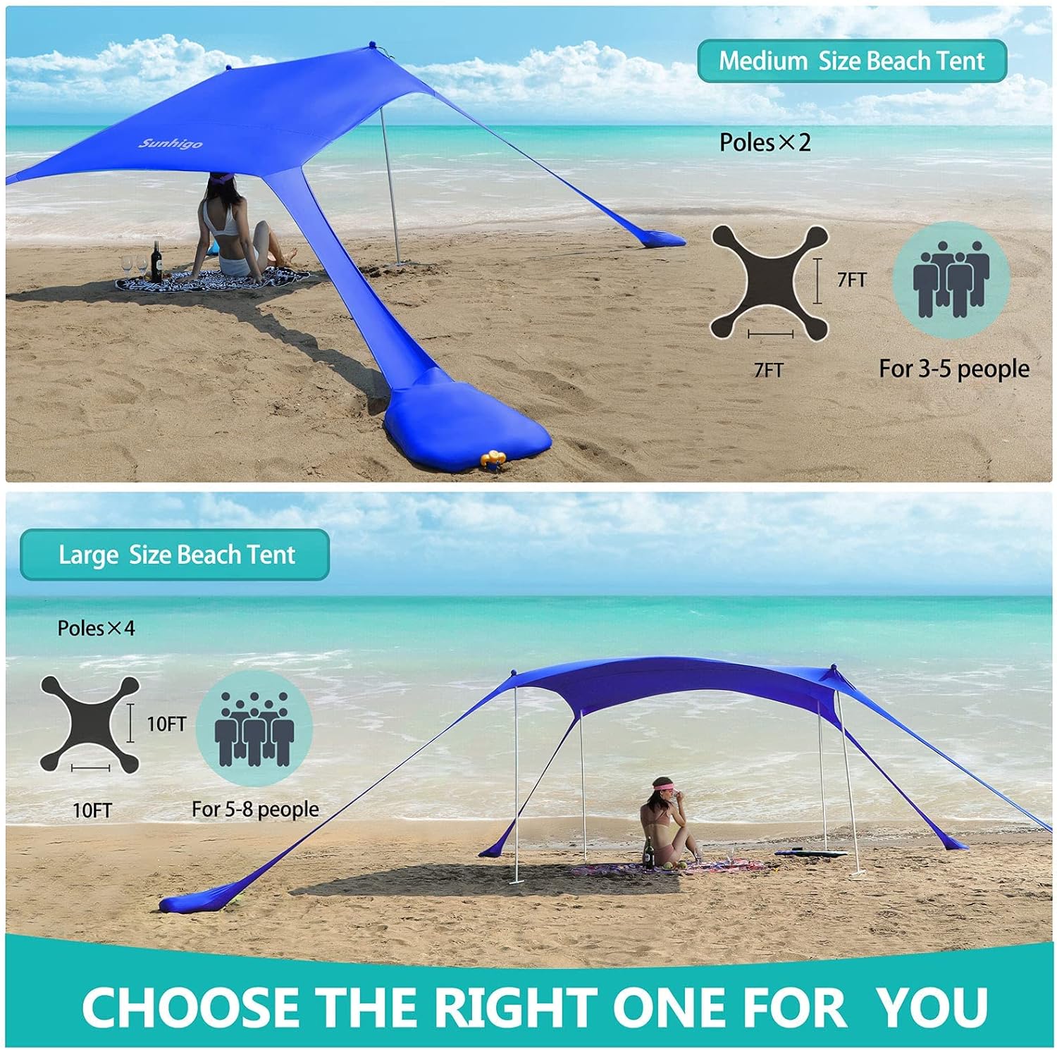 Sunhigo Beach Shade Canopy UPF50+ Family Beach Tent with 4 Aluminum Poles, Sand Shovel and Carry Bag, Portable Beach Sunshade Pop Up Sun Shelter for Beach,Fishing,Backyard and Picnics (10x10 Ft,Navy)