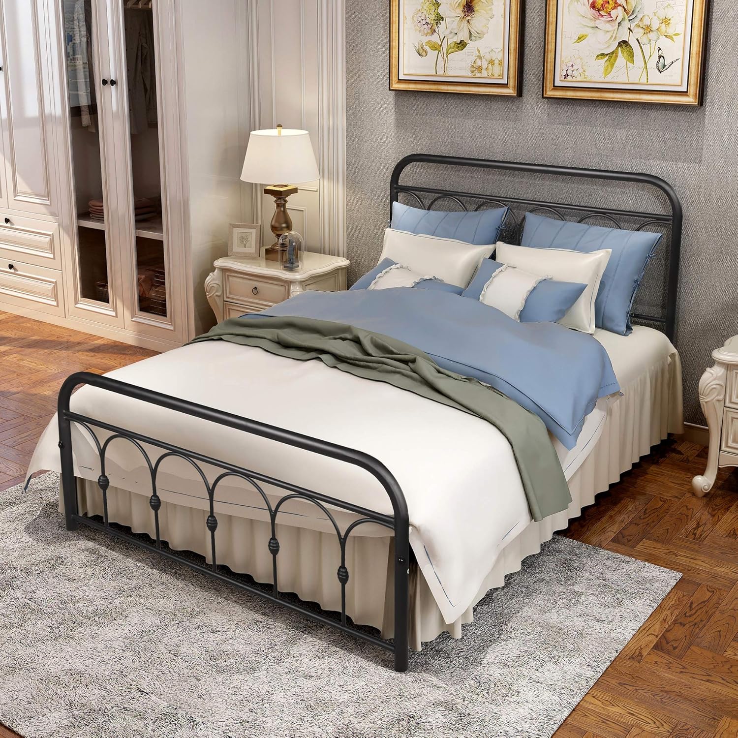 Albearing Metal Platform Bed Frame Heavy Duty with Headboard Steel Slat Support (Full, Black)