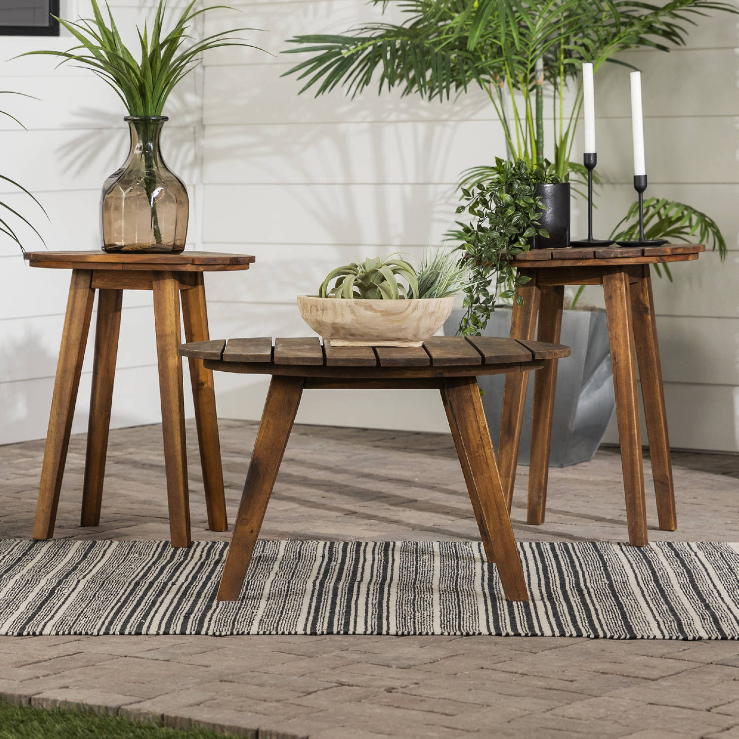 Walker Edison 3-Piece Acacia Round Coffee Table and Side Tables - Dark Brown