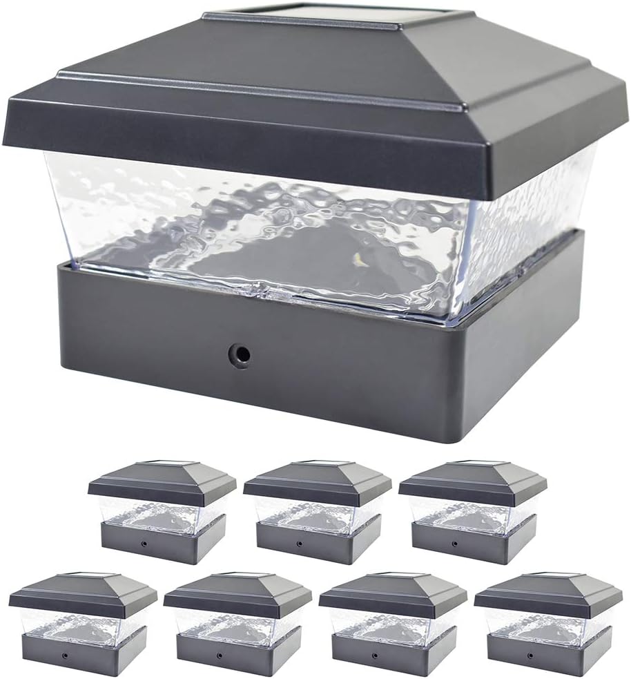 8 Pack White Outdoor Garden 5 x 5 Solar LED Post Deck Cap Square Fence Light Hammered Lens Landscape Lamp PVC Vinyl