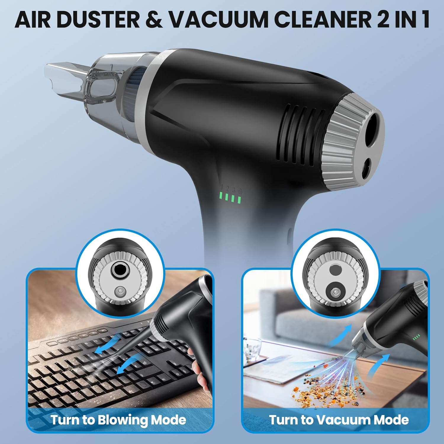 Cordless Air Duster & Vacuum Keyboard Cleaner 2-in-1, 15000mAH Battery, Powerful 78000RPM Electric Compressed Air Duster, 17000PA Super Suction Power, Mini Vacuum Cleaner with LED Light