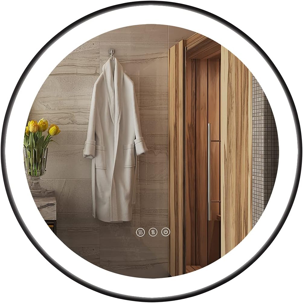QYzblbang Modern Lights 24Inch Black Frame Round Bathroom Mirror with 3Color LED Light for Wall-Mounted Vanity Mirrors Circle Wall Mirror for Bathroom Smart Mirror with Anti-Fog&Shatterproof&Memory