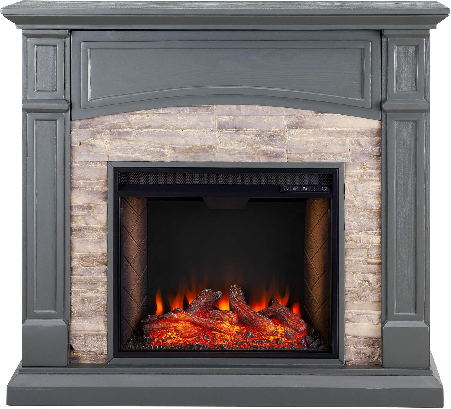 SEI Furniture Seneca Faux Stacked Stone Alexa-Enabled Electric Hidden Media Shelf Fireplace, Cool Slate Gray