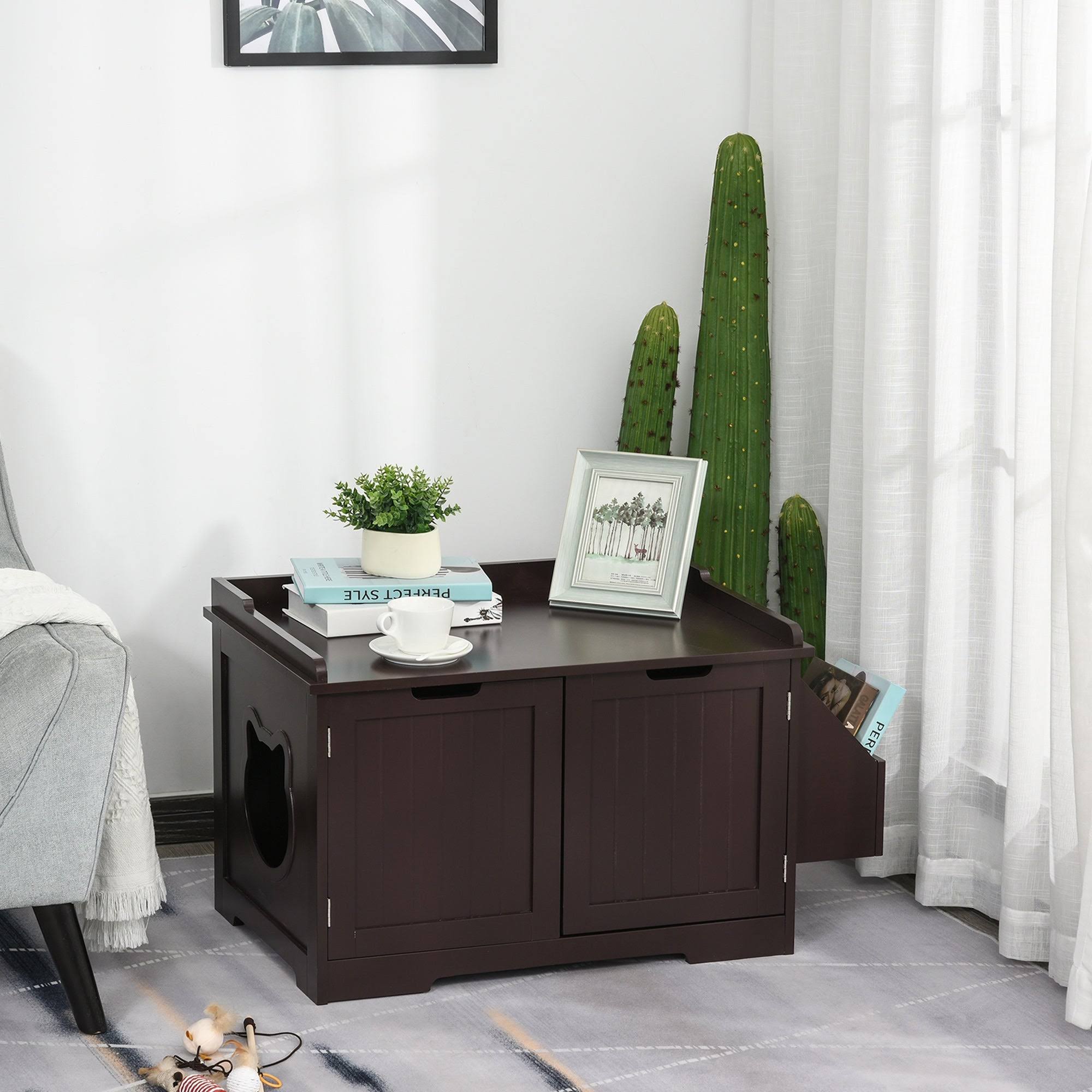Pawhut Wooden Cat Litter Box Enclosure Kitten House with Nightstand End Table and Storage Rack Magnetic Doors - Brown