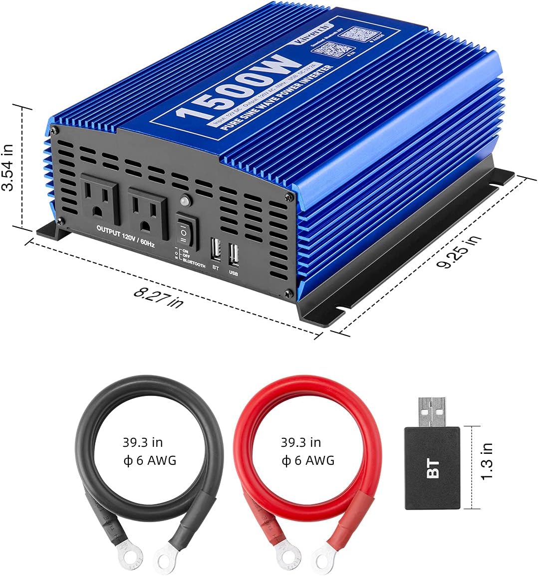 Kinverch 1500W Pure Sine Wave Power Inverter 12V DC to 110V AC Car Inverter with Bluetooth and 2AC Outlets &USB Port for Truck/RV/Home
