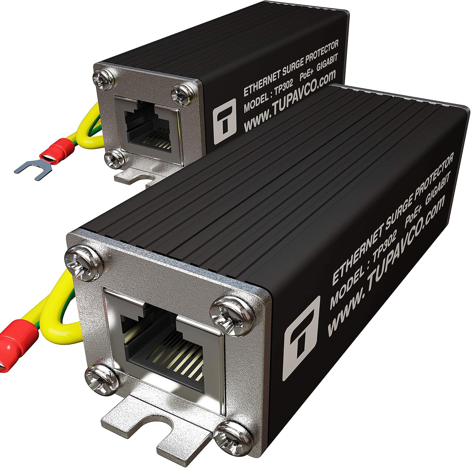 Ethernet Surge Protector (2 Pack) PoE+ Gigabit - Gas Discharge Tube for Full Protection -Mounting Flange- RJ45 Lightning Suppressor- LAN Network CAT5/CAT6 Thunder Arrestor GbE 1000 Mbps- Tupavco TP302 Pack of 2