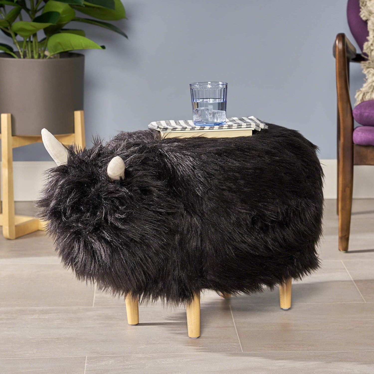 Christopher Knight Home Kamla Furry Yak Ottoman, Black, Natural Finish Pack of 2
