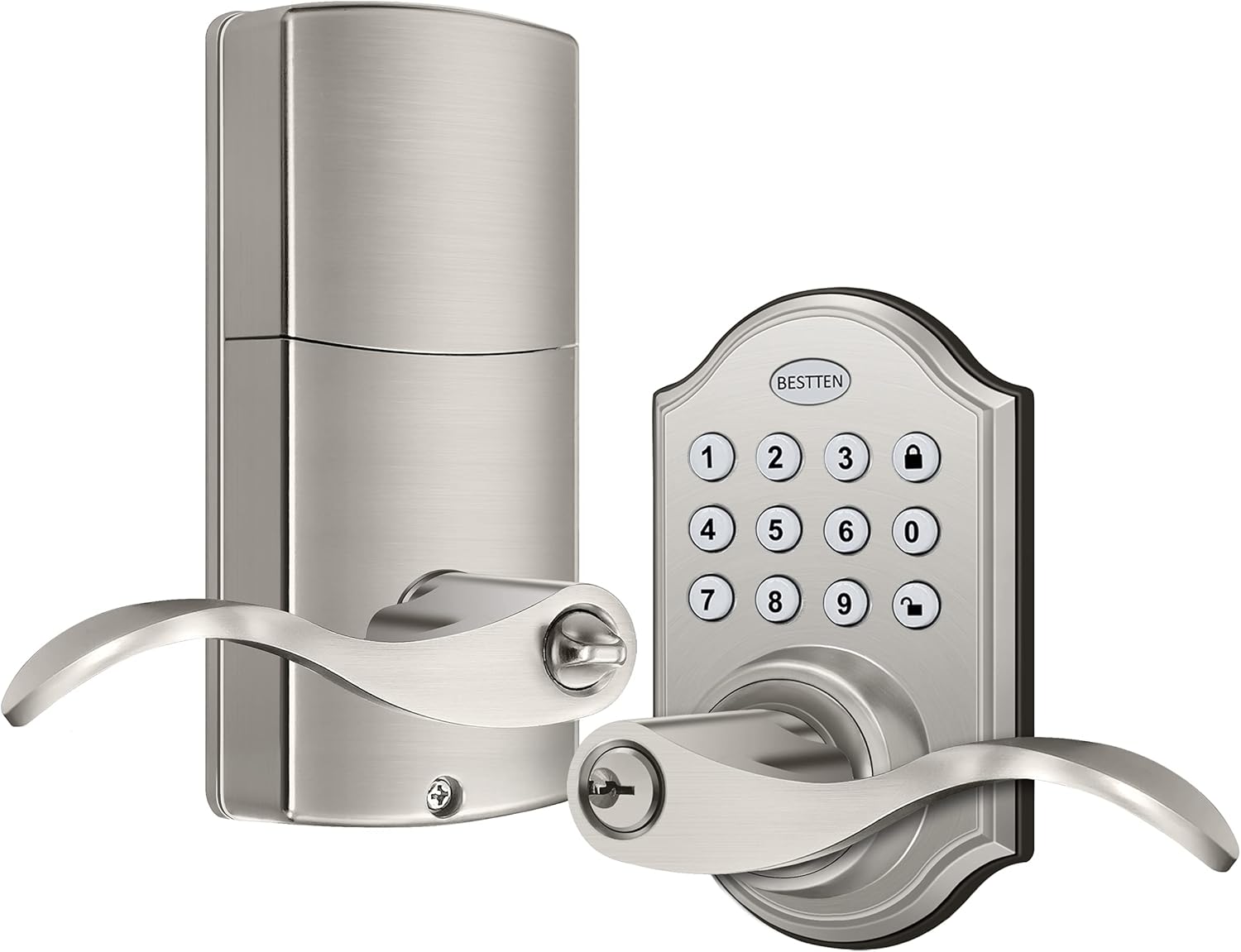 BESTTEN Electronic Keypad Door Lever, Programmable Keyless Entry Door Lock with Reversible Handles, Auto Locking, 50 User Codes, Traditional Style, Satin Nickel Finish Pack of 2