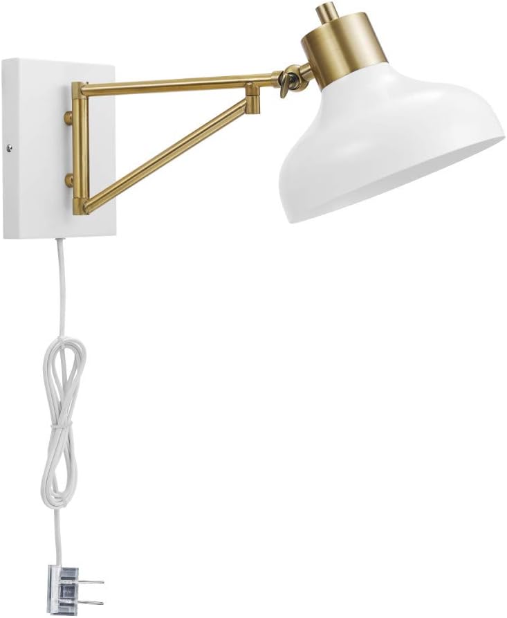 Globe Electric 51344 Berkeley 1-Light Plug-in or Hardwire Swing Arm Wall Sconce, White, Brass Accents, White Cloth Cord 5.75