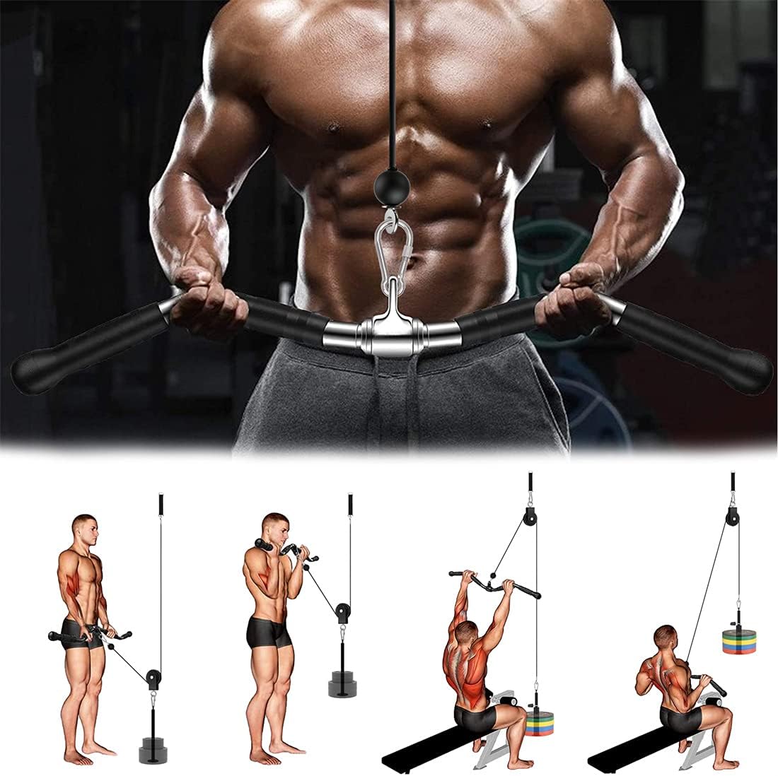 4 in 1 Fitness LAT and Lift Pulley System,Upgraded Pulley Cable Machine with Curl Pulldown Bar,Forearm Blaster Roller,Tricep Rope, Exercise Handles,for Triceps Pull Down,Biceps Curl,Back,Forearm