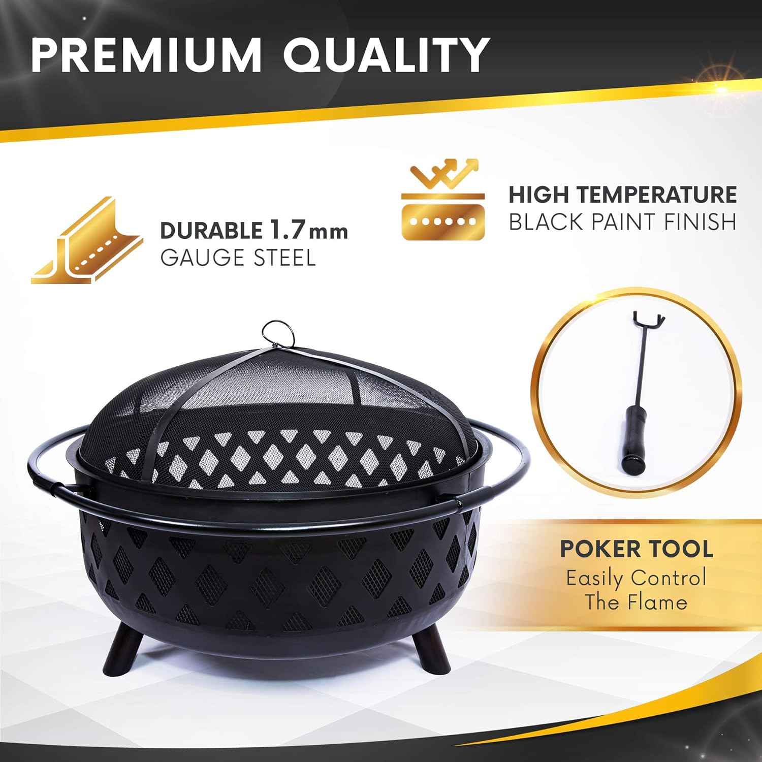 Project One Crossweave Outdoor Fire Pit - 36 Inch Large Bonfire Wood Burning Patio & Backyard Firepit for Outside with Spark Screen, Poker, and Round Fireplace Cove