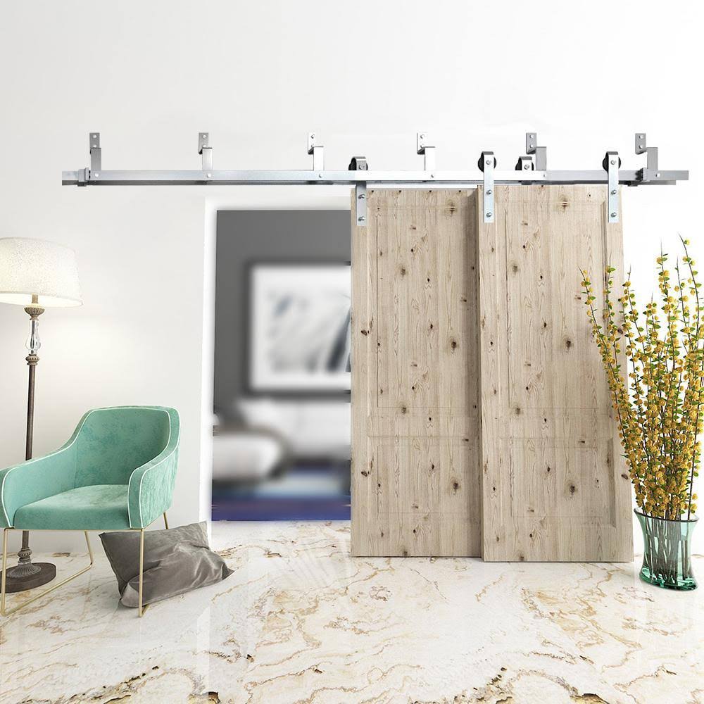 Winsoon 4 ft./48 in. Stainless Steel Sliding Bypass Barn Door Hardware Track Kit for Double Doors Non-Routed Floor GUIDE, Froste