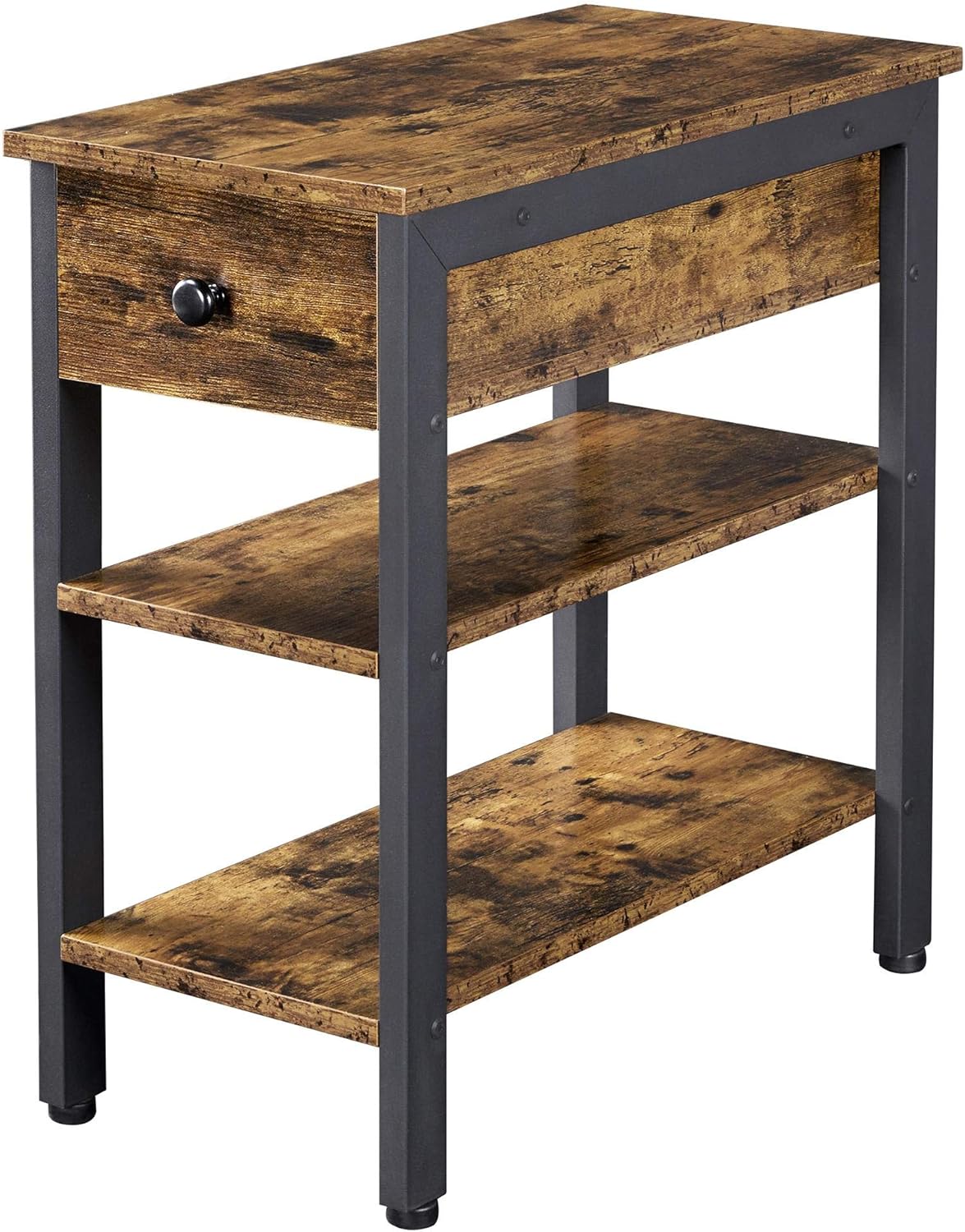 Yaheetech 3 Tier Narrow End Table with Drawer & Storage for Living Room, Retro Sofa Side Table with Open Shelves for Small Space, Wood Look Accent Table with Metal Frame, Rustic Brow