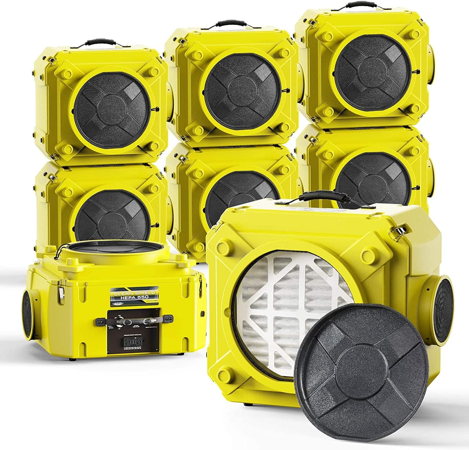 AlorAir CleanShield HEPA 550 - Heavy Duty Commercial Air Scrubber HEPA Filter System, 25' Power Cord with Lighted End and Roto-Molded Unbreakable Housing Air Cleaner, cETL Listed, Yellow (Pack of 8)
