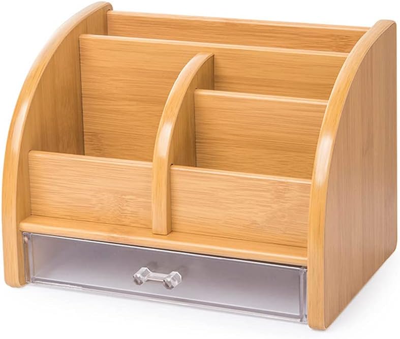 PTGMH Wooden Desktop Organizer Desk Supplies Storage Holder with Drawer Table Wooden Drawer Organizer for Office Supplies Small Items Remote Control Pen Organizer (style A) Pack of 2