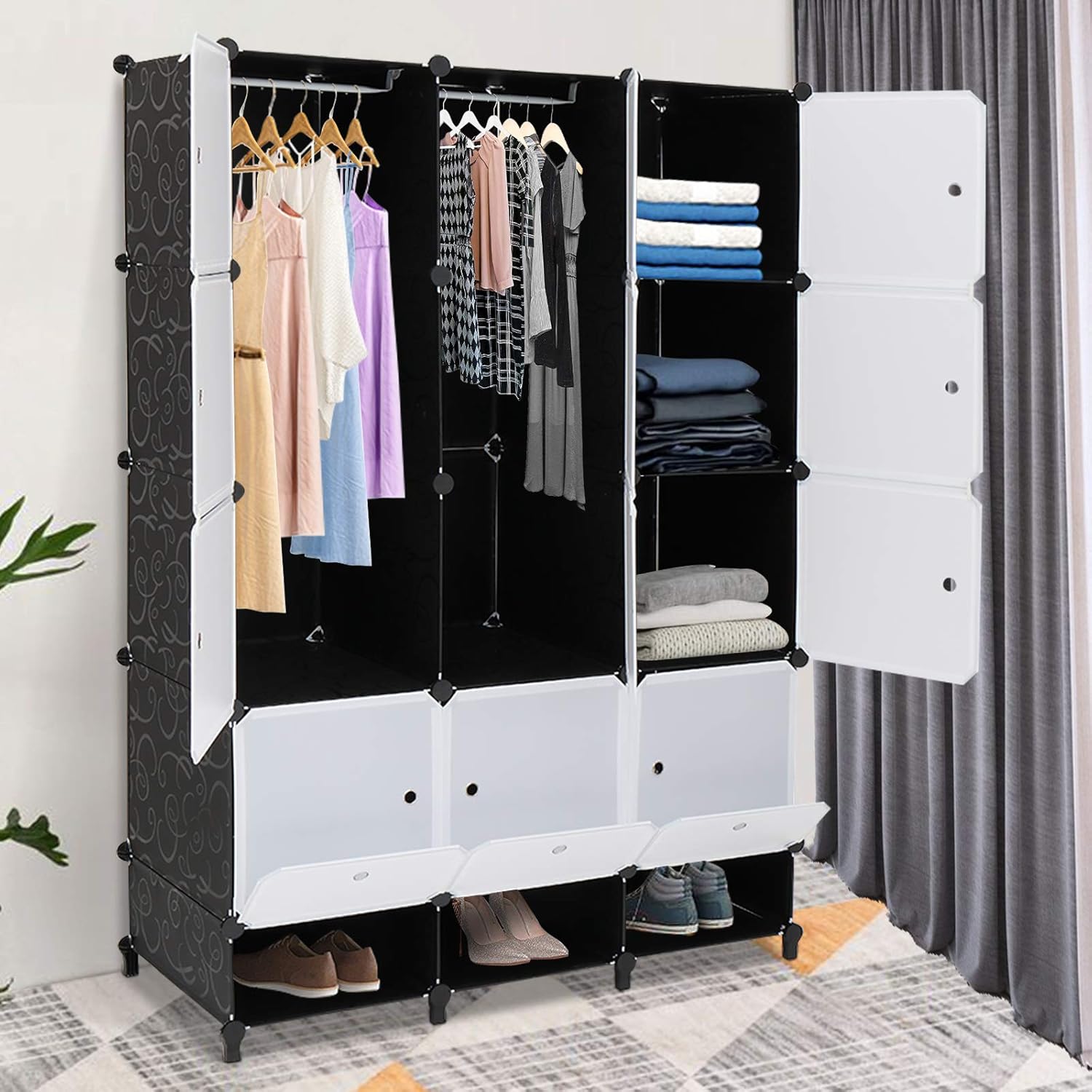 VINGLI Portable Closet Wardrobe, Cube Storage Organizer, Plastic Storage Closet, Shelf Unit, DIY Cube Shelves with Doors and Hanging Rods, 15 Cubes Pack of 2