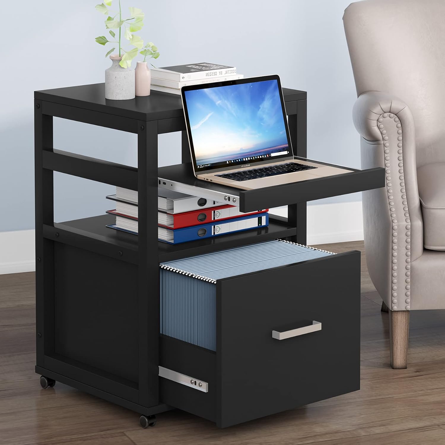 Tribesigns Rolling File Cabinet, Mobile Vertical Filing Cabinet with Drawer, Wood Printer Stand with Storage Shelves for Home Office (Black)