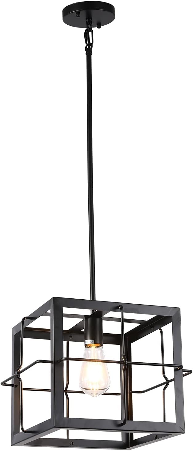 SHGYOBO Modern Black Iron Large Cube Farmhouse Chandelier, Height Adjustable ,1 Light E26,Perfect for Corridor,Porch,Bar,Hallway,Kitchen Island,Dining Room,Living