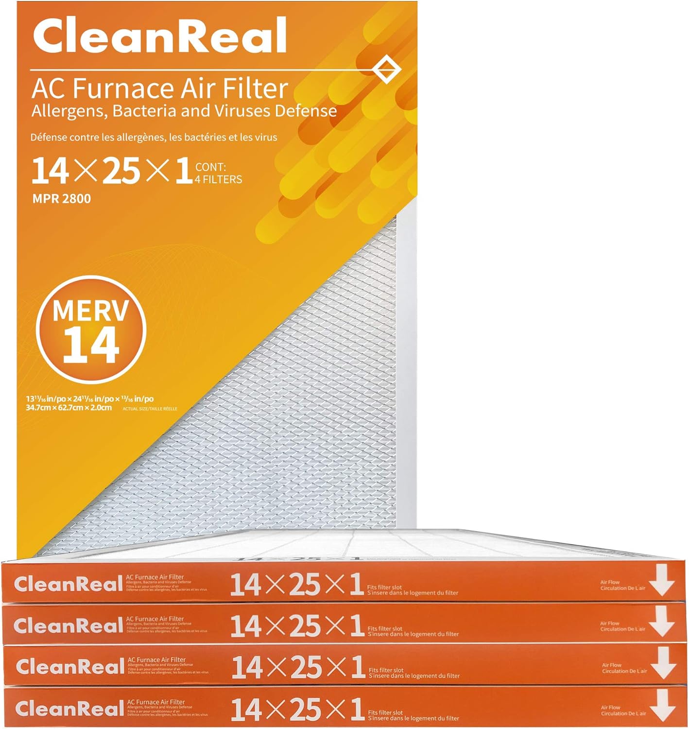 CleanReal 16x25x1 High Grade MERV14 Air Filter for AC Furnace or HVAC, Defense of ALL Pollutants, Pollen, Pet Dander, Smoke & PM2.5, 4-pack Pack of 2