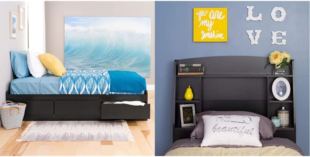 Prepac Mate's Platform Storage Bed with 3 Drawers, Twin, Black & Astrid Twin Headboard, Black