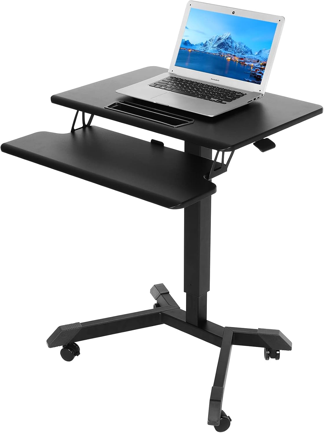 Rolling Desk, LGHM Mobile Desk Height Adjustable, Mobile Laptop Desk with Keyboard, Mobile Standing Desk w/4 Lockable Casters, Home Office Stand Up Desk Pneumatic Gas Spring Sit Stand Table (Black)