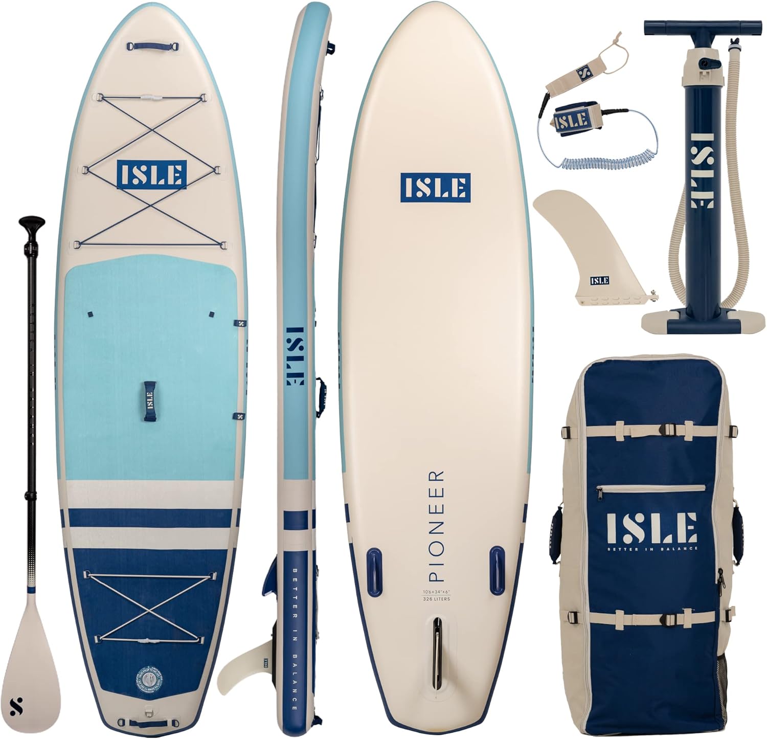 ISLE Pioneer Inflatable Stand Up Paddle Board & iSUP Bundle Accessory Pack — Durable, Lightweight with Stable Wide Stance — 285 lbs Capacity, 10'6