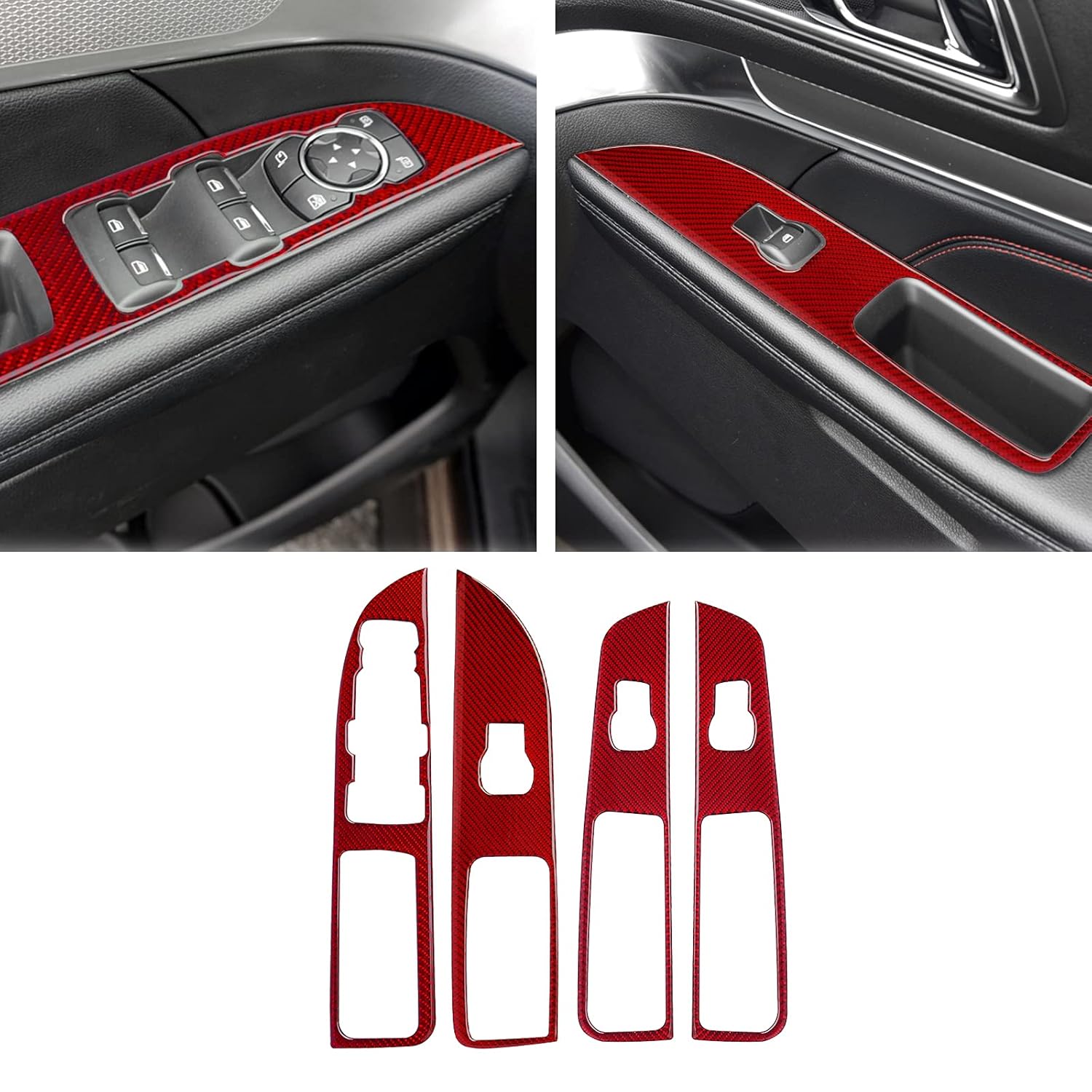 SUNJIKA Compatible with 4pcs Carbon Fiber Door Window Rising Lift Control Panel Cover Trim Sticker Interior Accessories for Ford Explorer 2014 2015 2016 2017 2018 2019 (Red)