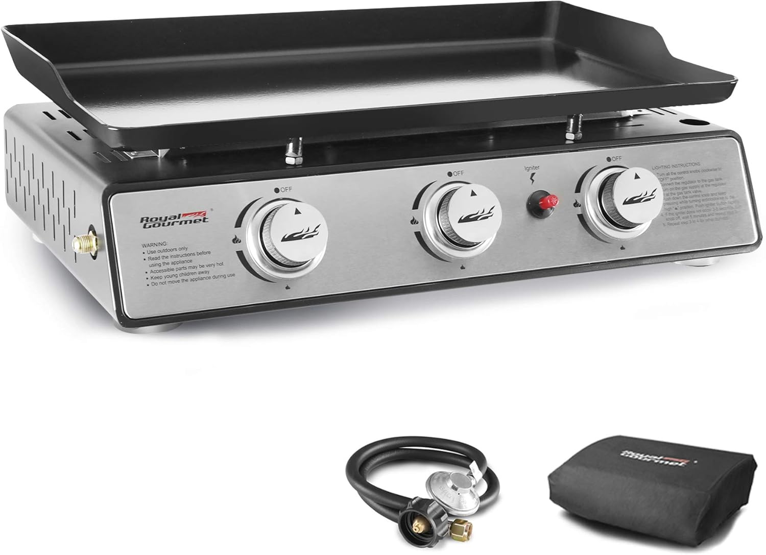 Royal Gourmet PD1301S Portable 24-Inch 3-Burner Table Top Gas Grill Griddle with Cover, 25,500 BTUs, Outdoor Cooking Camping or Tailgating, Black