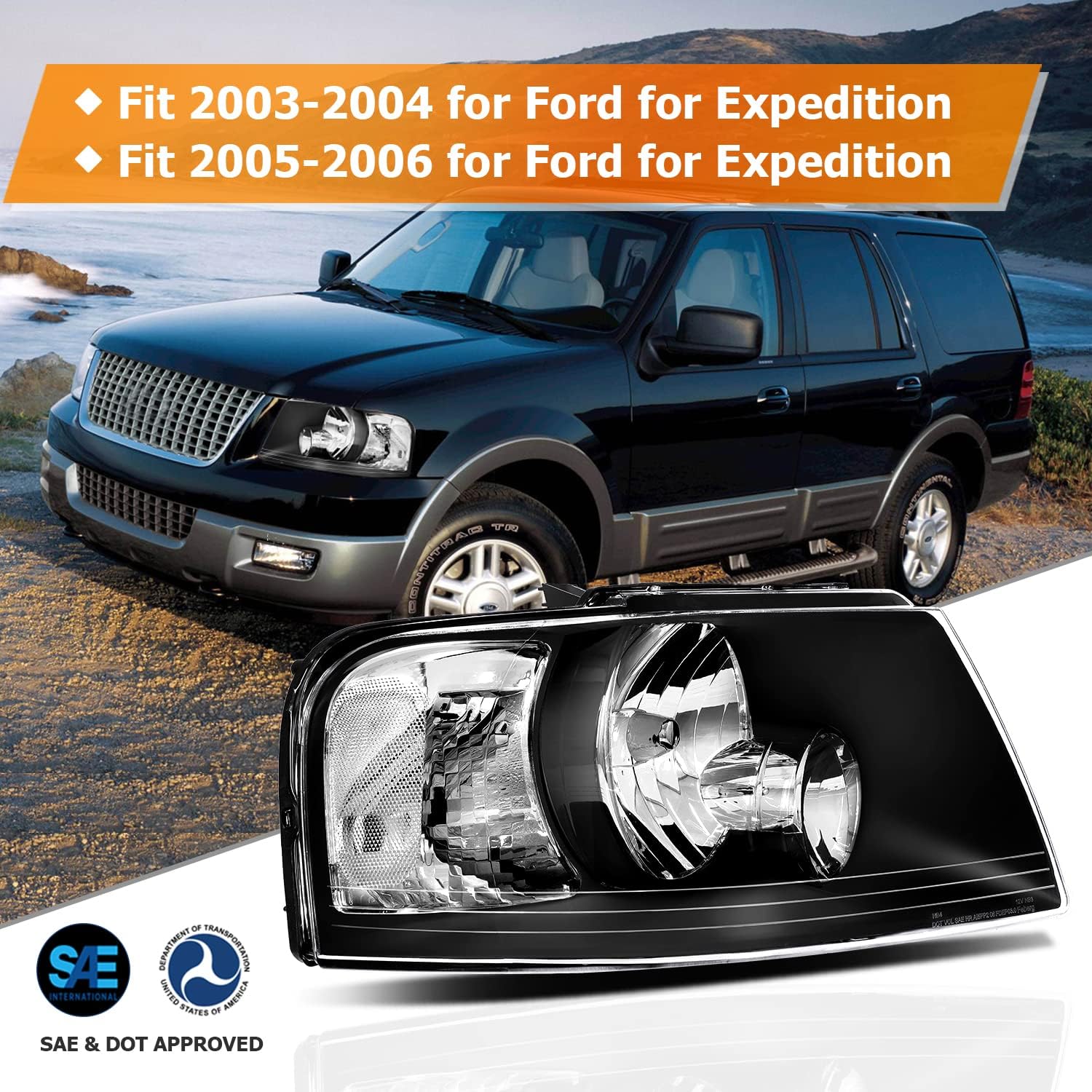 LBRST Headlight Assembly For Ford For Expedition 2003-2006 Black Housing Clear Reflector Clear Lens Driver and Passenger Side Headlamp