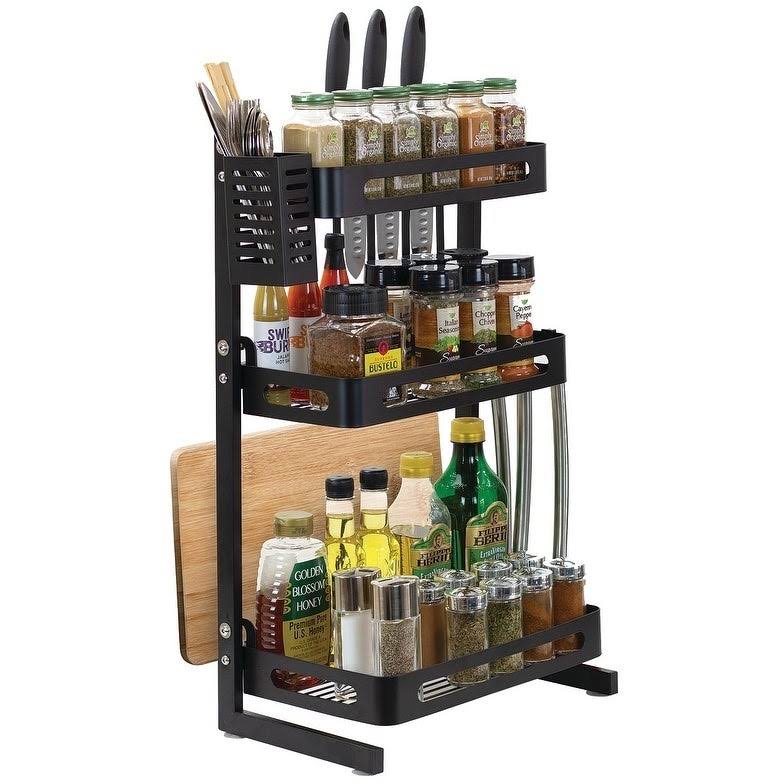 Sorbus 3 Tier Metal Kitchen Spice Rack Countertop Standing Organizer with 3 Hooks, Black