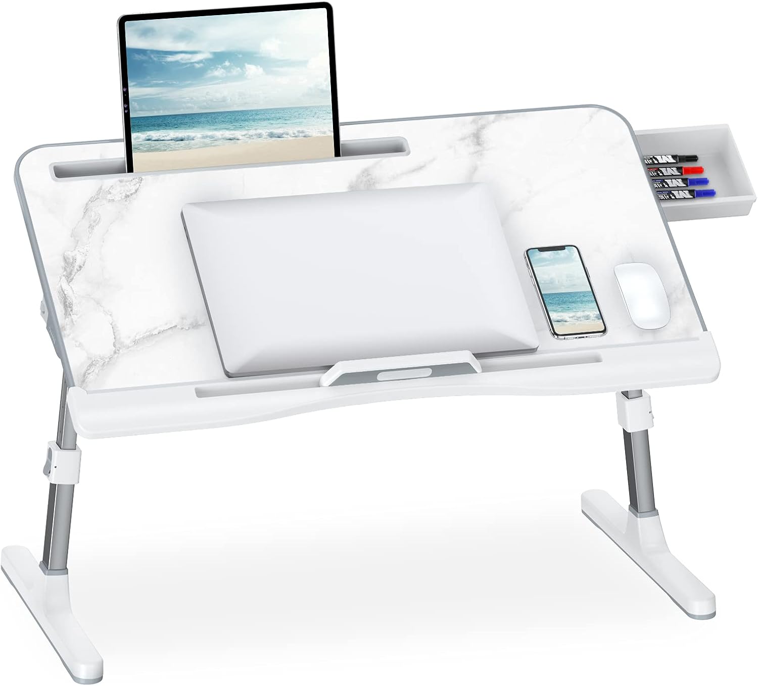Laptop Desk for Bed, Potuopy Laptop Bed Tray Desk, Adjustable Laptop Desk with Storage Drawer, Foldable Laptop Table for Working, Eating, Writing, Drawing, Gaming (Medium,White Marble) Pack of 2