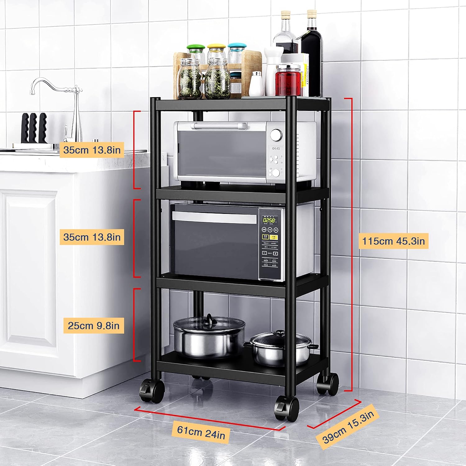 WPT Kitchen Baker's Rack Utility Storage Shelf Microwave Stand Cart on Wheels, Adjustable Kitchen Organizer Rack 4 Tier Shelves，Stainless Steel