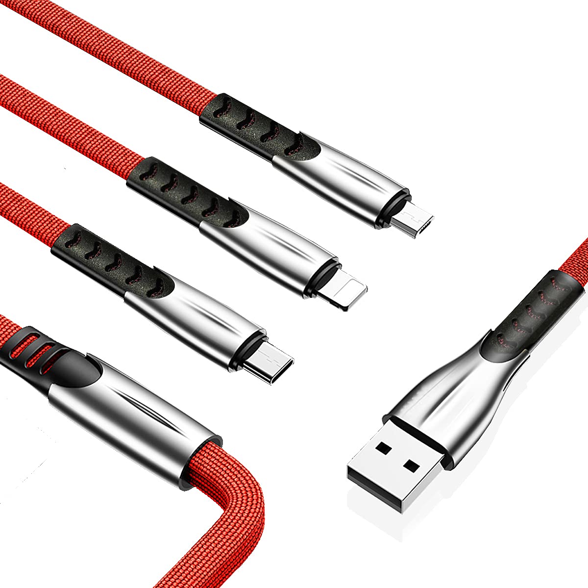 Multi Charger Cable, 4ft Multi Charger Cable Nylon Braided 3 in 1 Multiple USB Cable Adapter with Zinc Alloy-Zinc Alloy Type C/Micro USB Connectors for Cell Phones and More (Charging Only) (Red) Pack of 2
