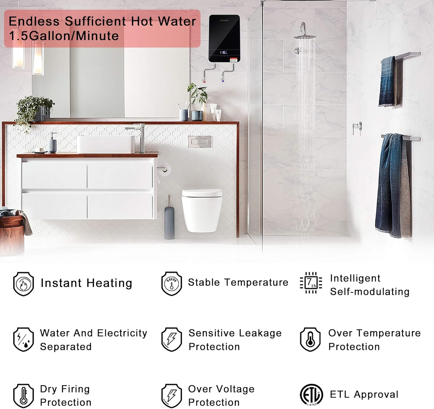 Tankless Water Heater Electric ECOTOUCH 9KW 240V on Demand Water Heater Self-Modulating Instant Hot Water Heater Point Of Use Water Heater ECO90 Black