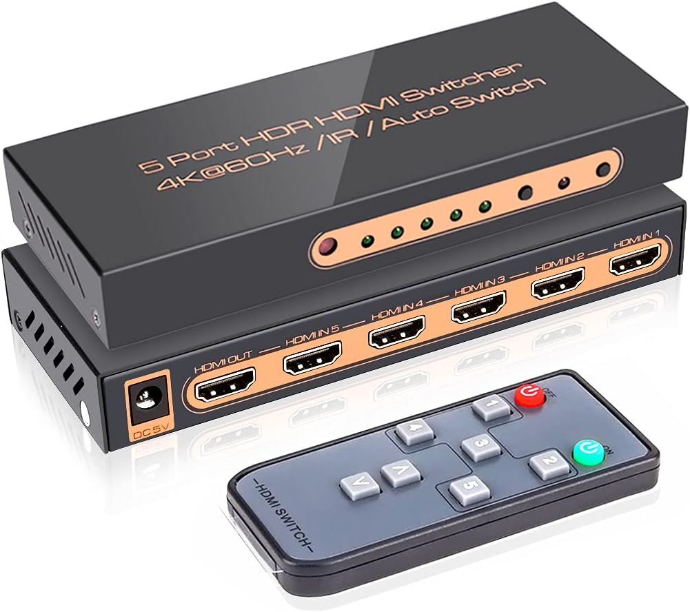 ROOFULL 5 Port 4K HDMI Switch with Optical & 3.5mm AUX Audio Out, 5 in 1 Out HDMI 2.0 4K@60Hz HDMI 2.0a Audio Extractor Splitter with Remote, Support ARC, HDR, HDCP 2.2, 18Gbps, Dolby Vision Pack of 2