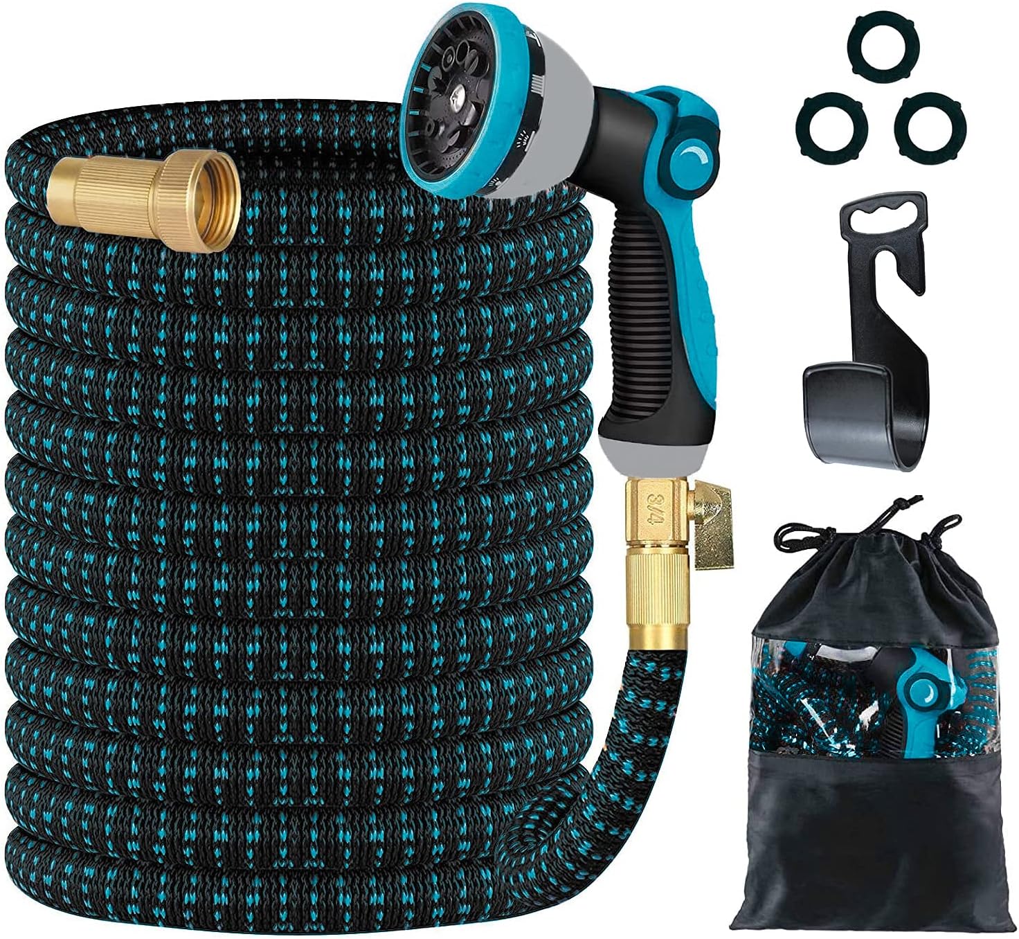 INPO 150FT Expandable Garden Hose with Triple Latex Core, 34 Solid Metal Fittings, Extra Strength Fabric - Magic Water Hose with 10 Function Nozzle(Black & Blue, 150FT) Pack of 2