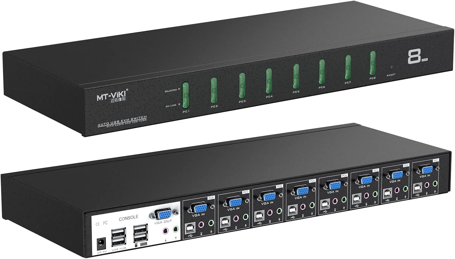 8 Port KVM Switch VGA，MT-VIKI 1U Rack Mount KVM w/Audio, Support Daisy Chain/Hotkey/OSD, Included 8 KVM Cables & 8 Audio Cables