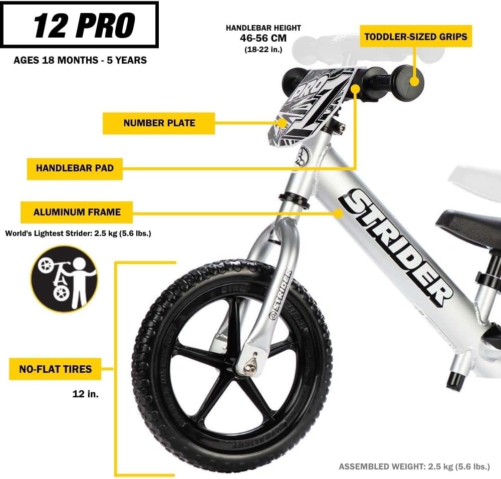 Strider - 12 Pro Balance Bike, Ages 18 Months to 5 Years, Black Pearl