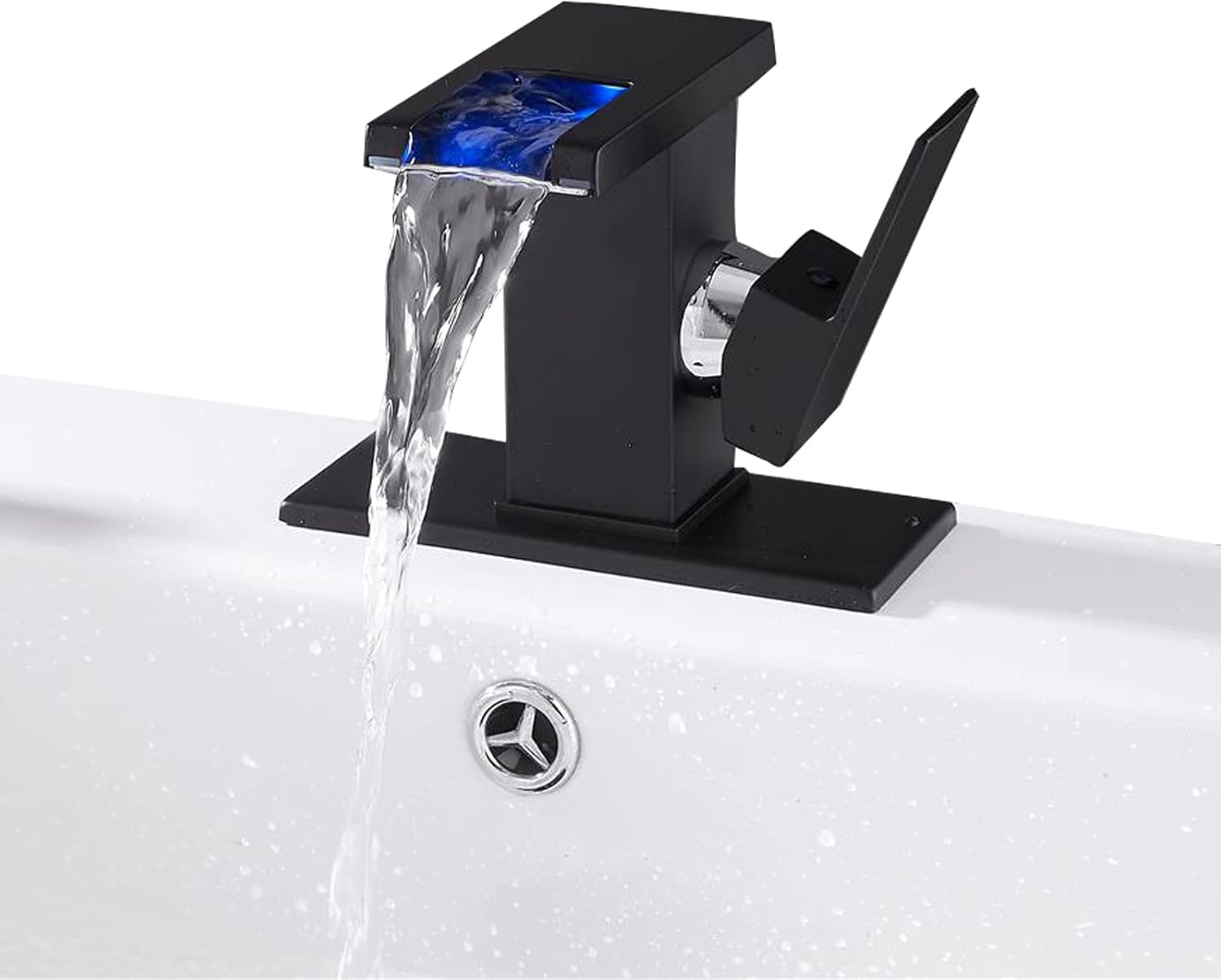 LED Light Bathroom Faucet Waterfall Single Handle One Hole Black Faucet for Bathroom Sink Mount Vanity Faucet Lead-Free for Commercial Residential